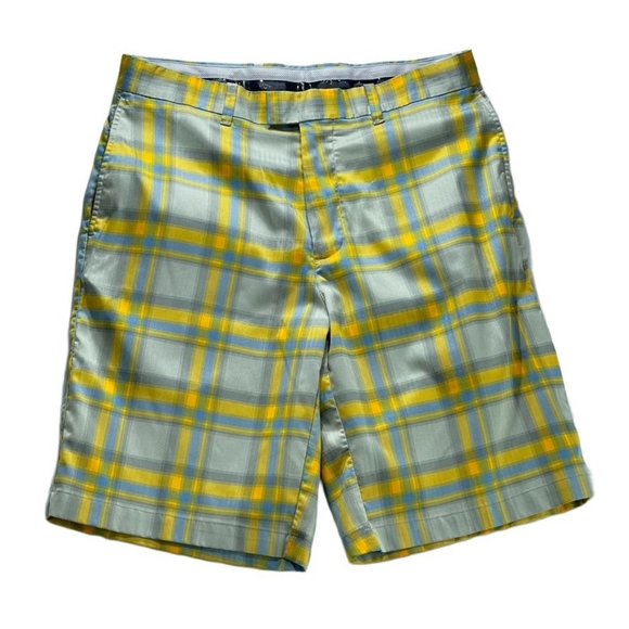Callaway Shorts Golf Performance Flat Front Yellow Plaid Bermuda Men's Size 32 - Picture 2 of 9
